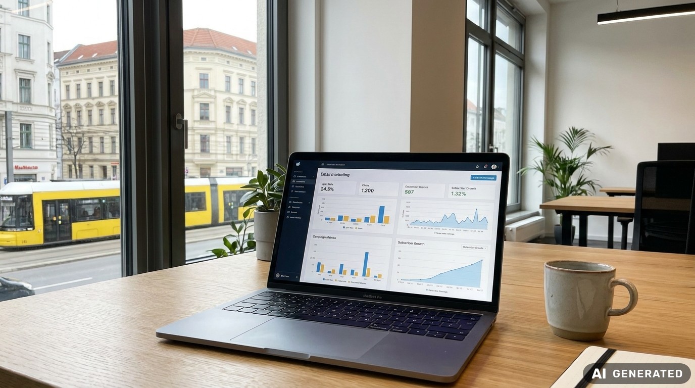 Laptop mit E-Mail-Marketing-Statistiken auf dem Bildschirm in modernem Büro mit Blick auf Straßenbahn und Altbau