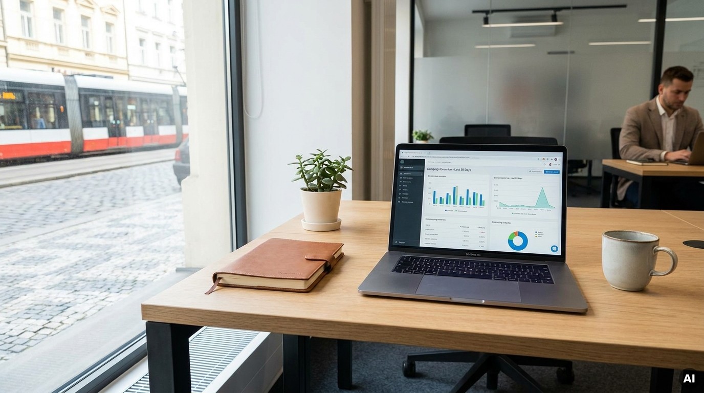 Moderner Büroarbeitsplatz mit Laptop, Notizbuch und Pflanze am Fenster